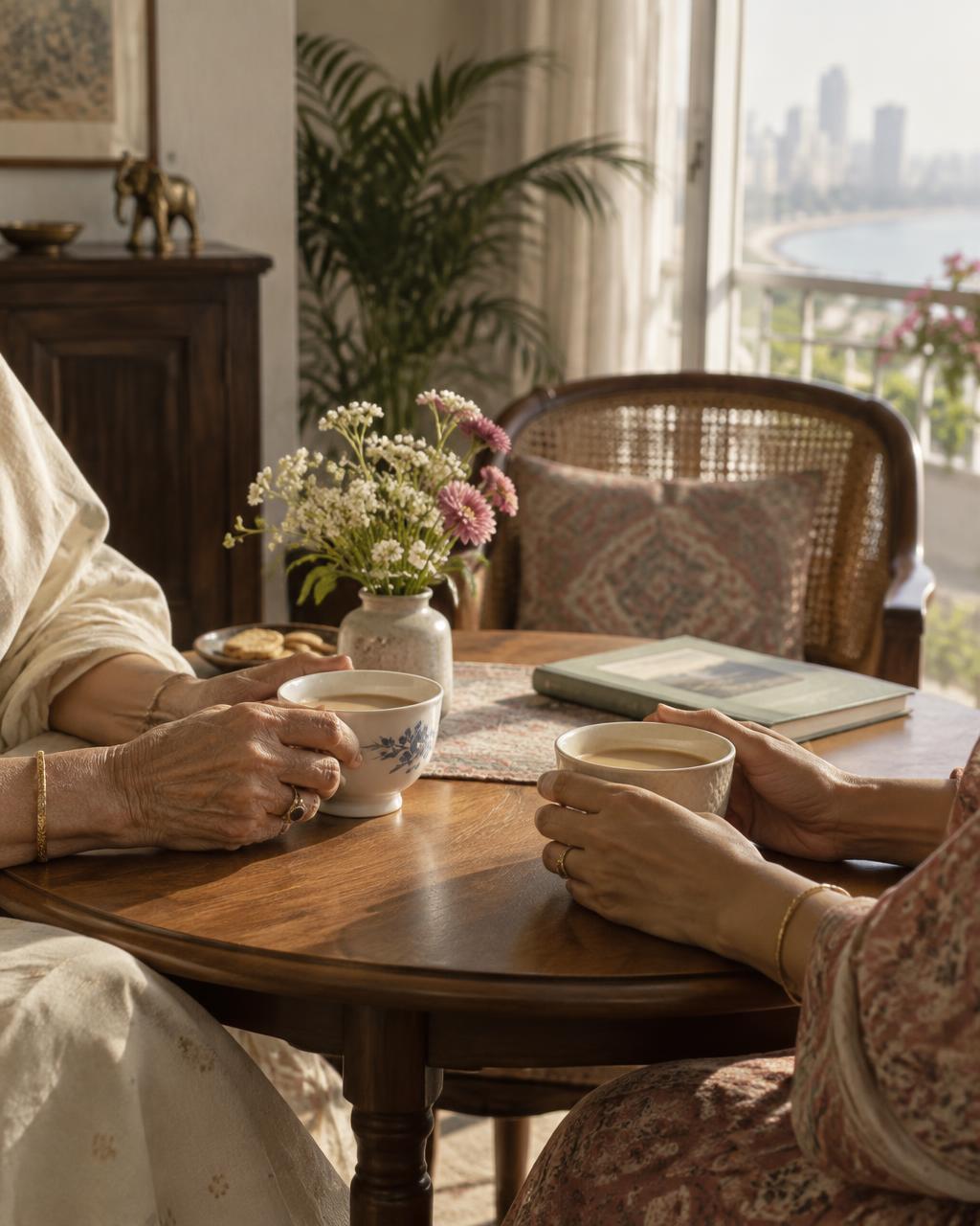 Two women sharing tea together in a sunlit room; illustrative photograph